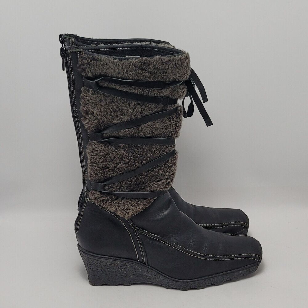 Jack & Lucky Womens Leather Fur Lace Up Back Zipper Low Wedge Tall Boots Size 39